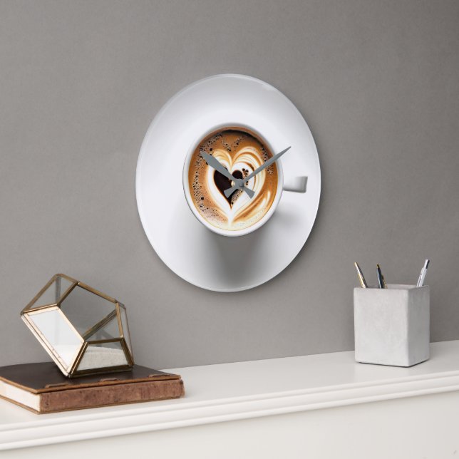 Heart Cappuccino i vit kaffe Kopp Stor Klocka (Kontor)