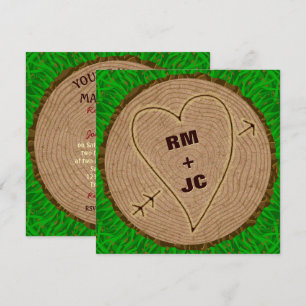 Heart Carved Initialer Wood Träd Ringar Bröllop Inbjudningar