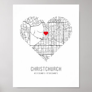 Heart ChristChurch City Karta (Nya Zeeland) Poster