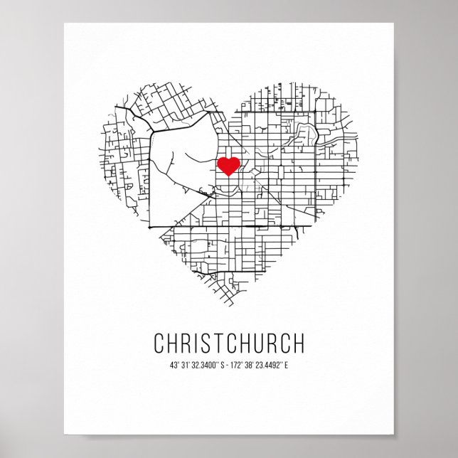 Heart ChristChurch City Karta (Nya Zeeland) Poster (Framsidan)