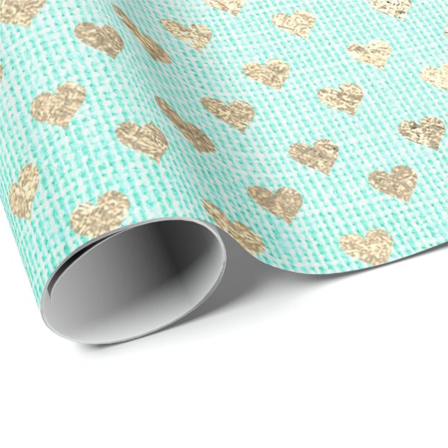 Heart Confetti Metallic Tiffany Aqua Guld Linen Presentpapper (Rullad Hörn)