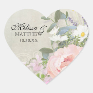 Heart Cream Grått BOHO Rustic Woodsy Blommigt Peon Hjärtformat Klistermärke