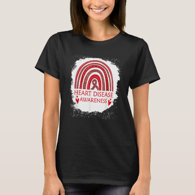 Heart Disease Awareness Bleached Rainbow Red Ribbo T Shirt (Framsida)