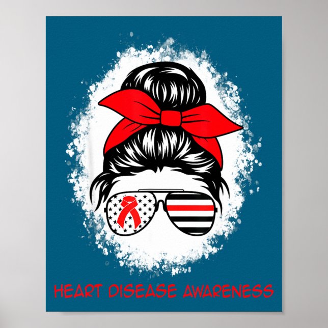 Heart Disease Awareness Red Ribbon Heart Messy Bun Poster (Framsidan)