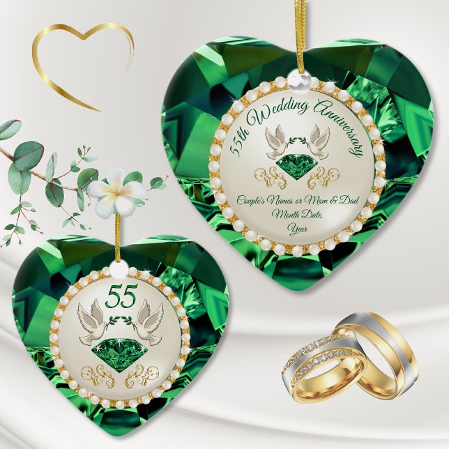 Heart Emerald, 55-årsjubiléet Gift Ideas Julgransprydnad Keramik (Emerald Ornament. 55th Anniversary Ornament. Emerald Wedding Anniversary Ornament.)
