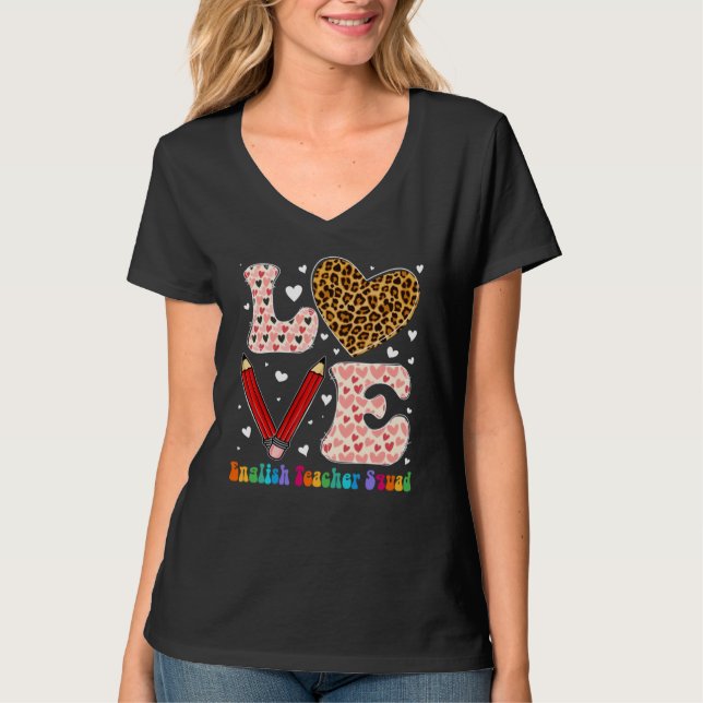 Heart English Teacher Squad Leopard Plaid Valentin T Shirt (Framsida)