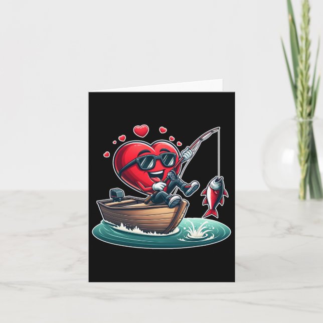 Heart Fishing Valentines day Manar Womens Boys Gir Kort (Framsida)