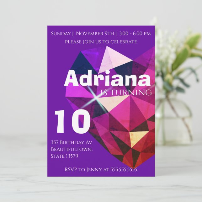 Heart Gemstone Purple 10th Birthday Invitation Inbjudningar (Stående Fram)
