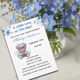 Heart Glasses Teddy Bear Blue Baby Shower Invite Julkort