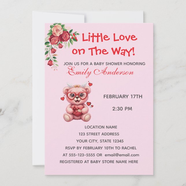 Heart Glasses Teddy Bear Pink Baby Shower Invite (Framsida)