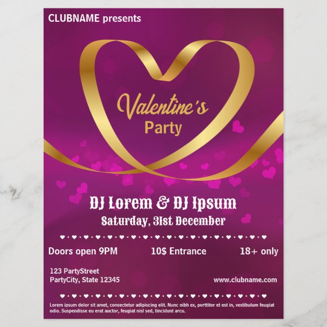 Heart Guld Ribbon Lila Valentine's Party Flyer (Framsidan)