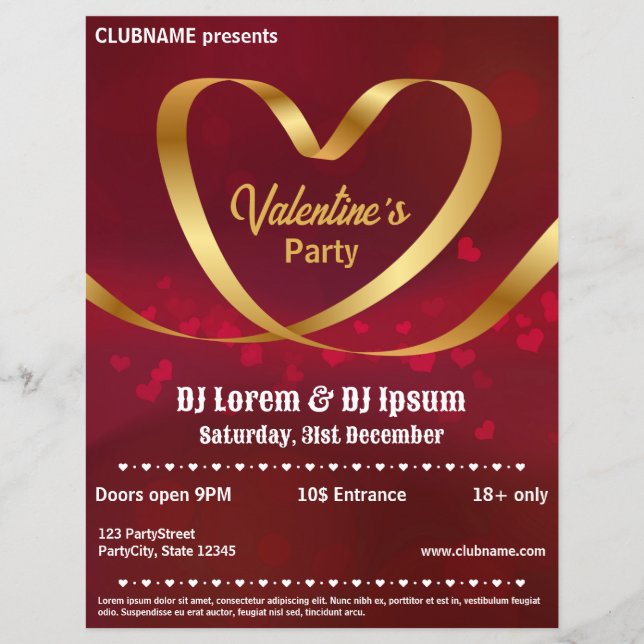 Heart Guld Ribbon Red Valentines Party Flyer (Framsidan)