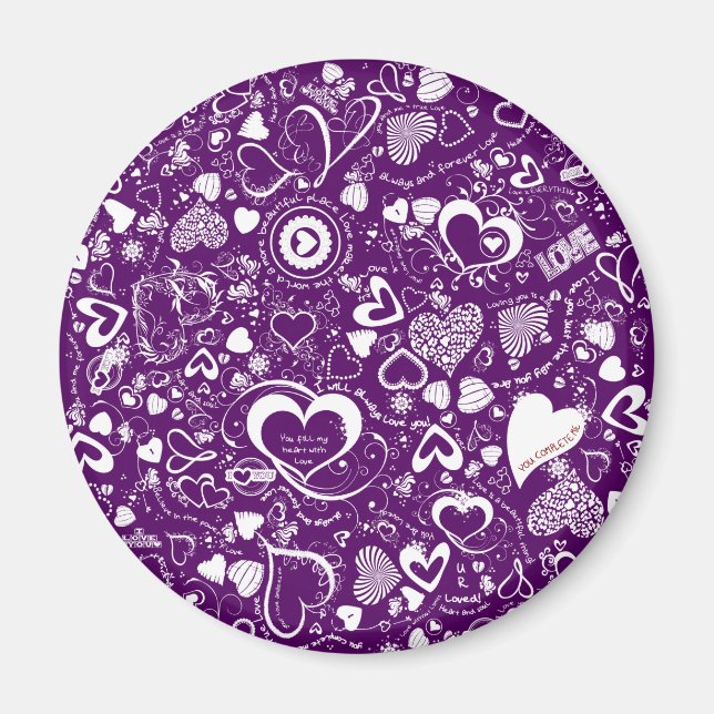 Heart Kärlek Doodles Lila-White Round Magnet (Framsidan)