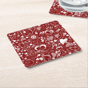 Heart Kärlek Doodles Red-White - Disposable Underl Underlägg Papper Kvadrat