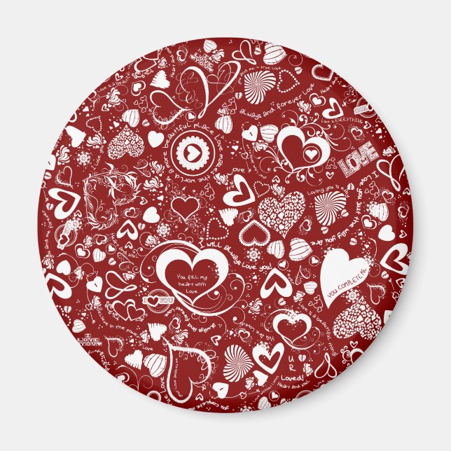 Heart Kärlek Doodles Red-White Round Magnet (Framsidan)
