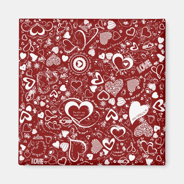 Heart Kärlek Doodles Red-White Square Magnet (Framsidan)