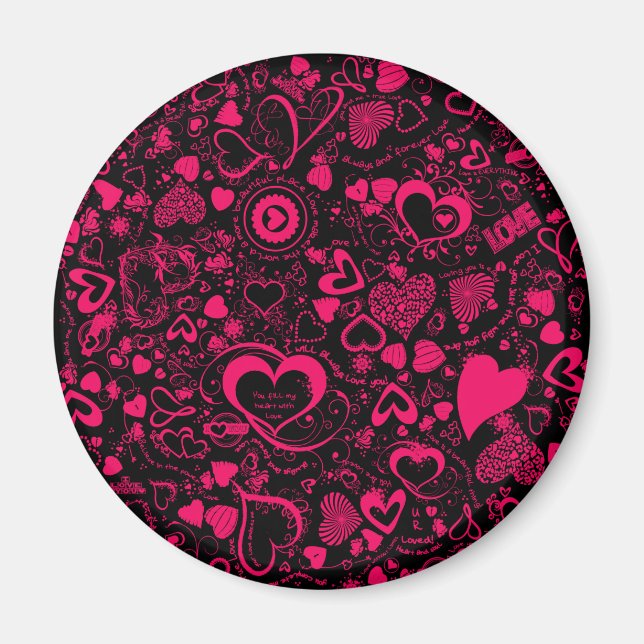 Heart Kärlek Doodles Rosa-Black Round Magnet (Framsidan)