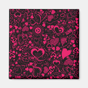 Heart Kärlek Doodles Rosa-Black Square Magnet