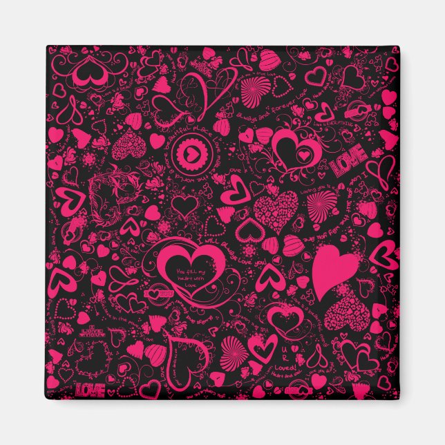 Heart Kärlek Doodles Rosa-Black Square Magnet (Framsidan)