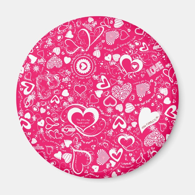 Heart Kärlek Doodles Rosa-White Round Magnet (Framsidan)