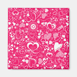 Heart Kärlek Doodles Rosa-White Square Magnet