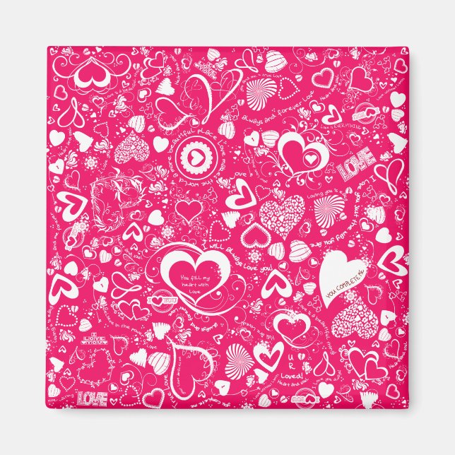 Heart Kärlek Doodles Rosa-White Square Magnet (Framsidan)