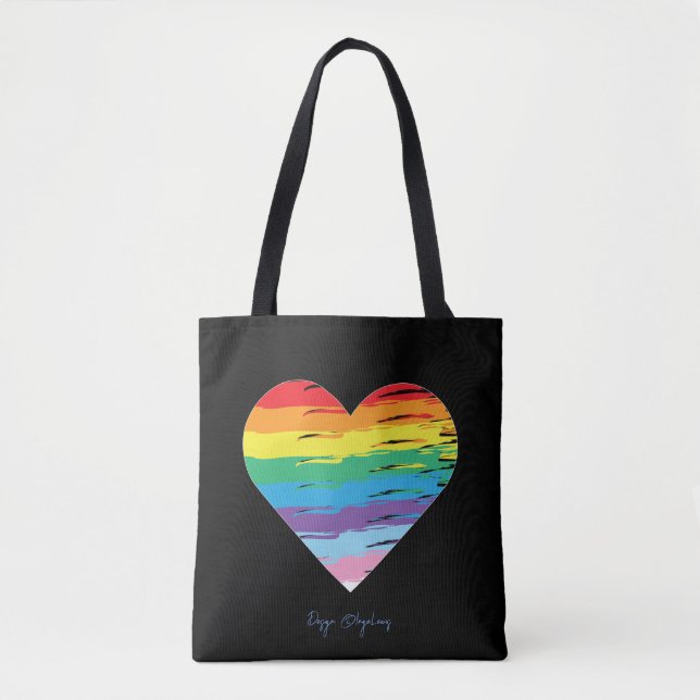 HEART LGBTQIA Rainbow Flagga, Black Tote Bag Tygkasse (Framsida)
