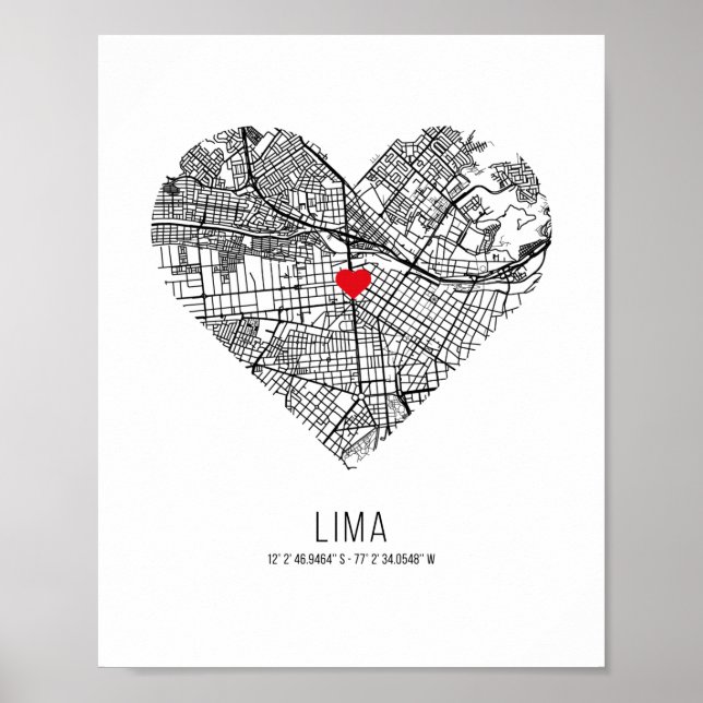 Heart Lima City Karta (Peru) Poster (Framsidan)