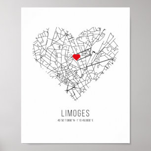 Heart Limoges City Karta (Frankrike) Poster