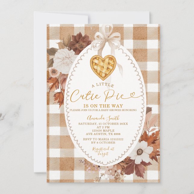 Heart Little Cutie Pie Brun Gingham Bebis Shower Inbjudningar (Framsida)