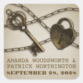 Heart Lock and Skeleton Nyckel Wedding Favor Stick Fyrkantigt Klistermärke