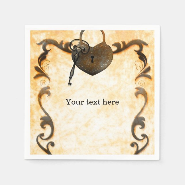 Heart Lock & Nyckel Vintage Antique Napkins Pappersservett (Framsidan)