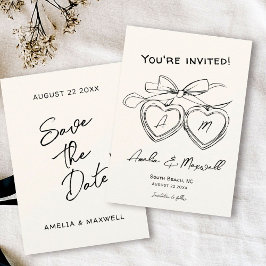 Heart Locket Cute Modern Monogram Bow Bröllop Spara Datumet