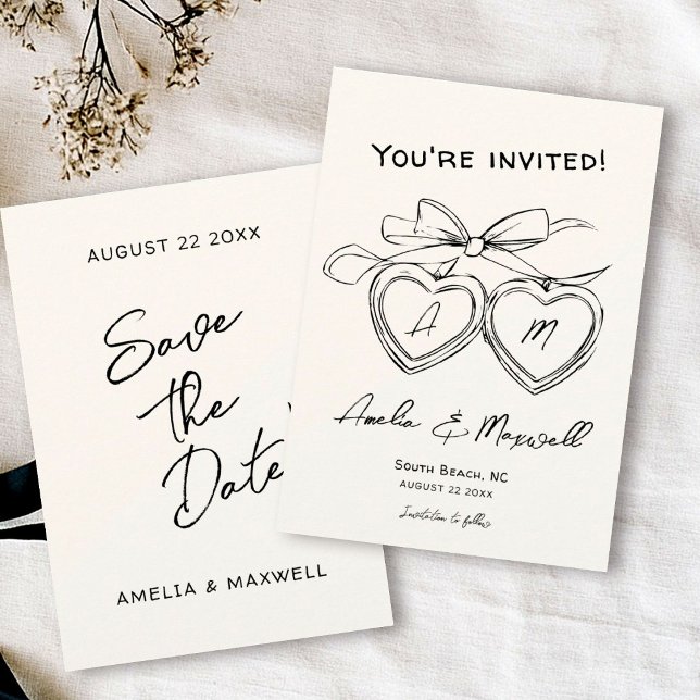 Heart Locket Cute Modern Monogram Bow Bröllop Spara Datumet (Skapare uppladdad)