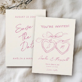 Heart Locket Cute Modern Monogram Rosa Bow Bröllop Spara Datumet