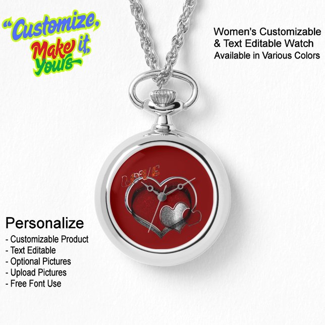 Heart Magic Silver Necklace Watch Red Ansikte Armbandsur (Women's Heart Magic Silver Necklace Watch Featuring a Red Face.)