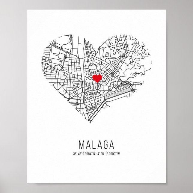 Heart Malaga City Karta (Spanien) Poster (Framsidan)