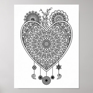 Heart Mandala Vuxen Coloring Doodle Färg this Poster