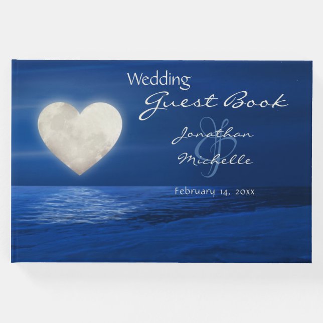 Heart Måne med Snö täckt Beach Winter Wedding Gästböcker (Framsida)