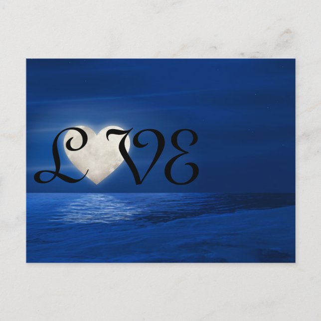 Heart Måne med Snowy Beach KÄRLEK Winter Vykort (Framsida)