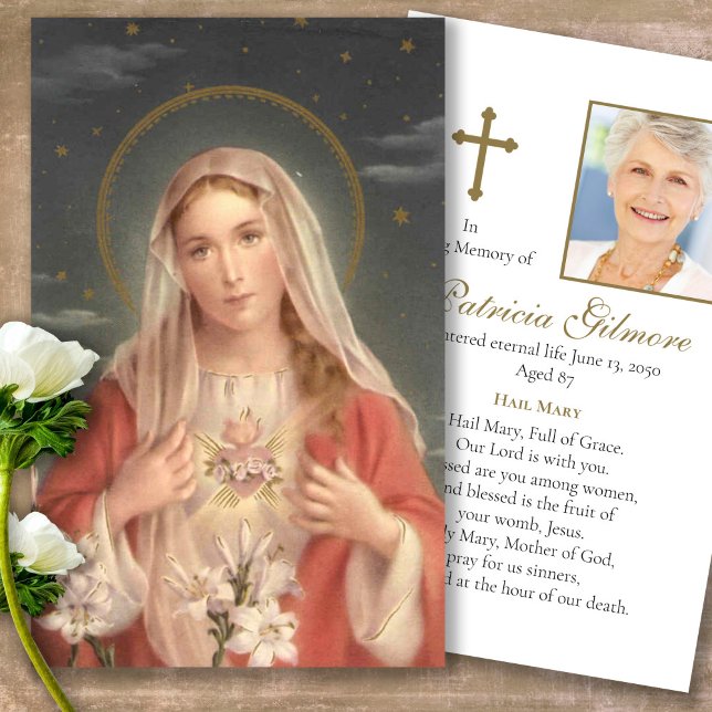 Heart Mary Funeral Memorial Prayer Sympathy Cards Visitkort (catholic, religious, celebration of life, in loving memory of, prayer cards for bereavement)