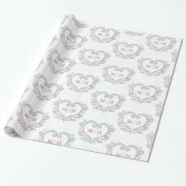 Heart monogram silver bär röd bröllop presentpapper