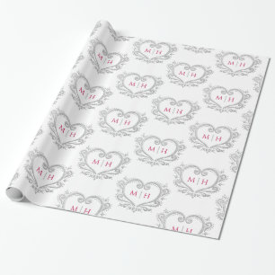 Heart monogram silver bär röd bröllop presentpapper