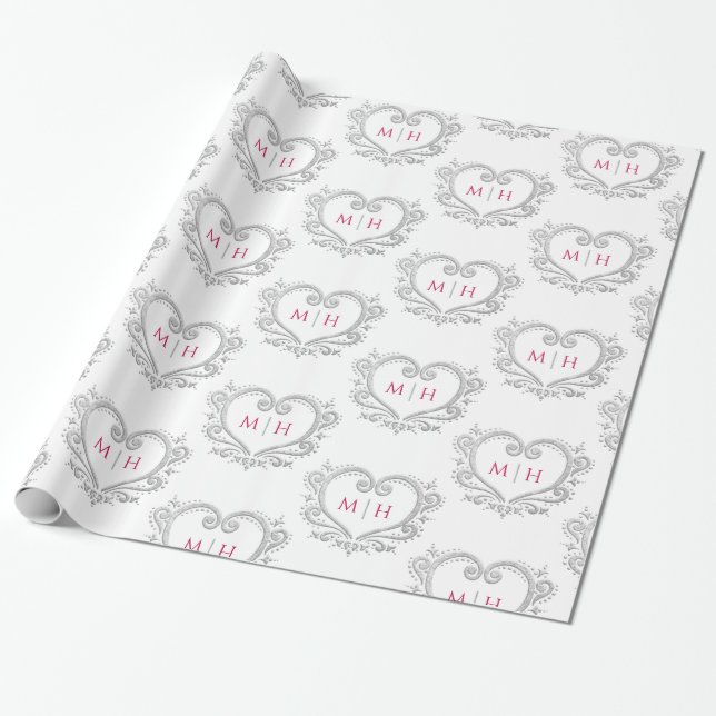 Heart monogram silver bär röd bröllop presentpapper (Utrullad)