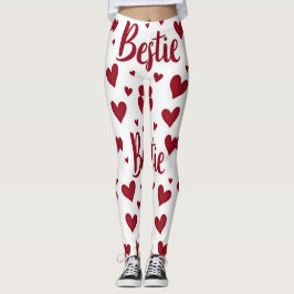 Heart mönster med "Bestie"-text i kursiv röd text Leggings