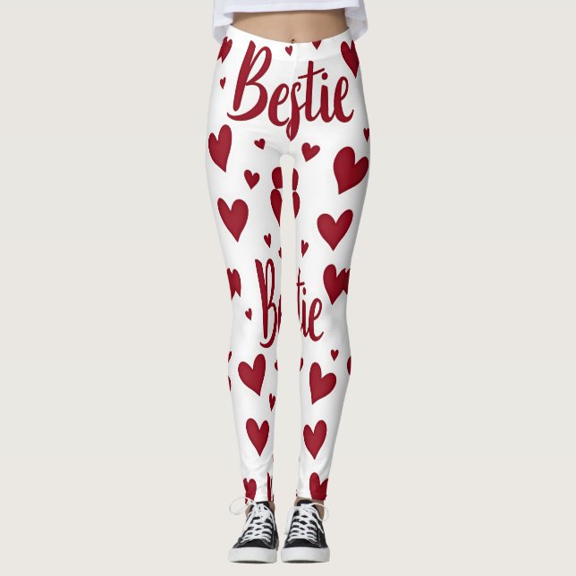 Heart mönster med "Bestie"-text i kursiv röd text Leggings (Framsida)