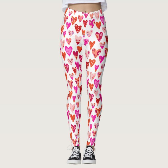 Heart Mönster Red Rosa Modern Leggings (Framsida)