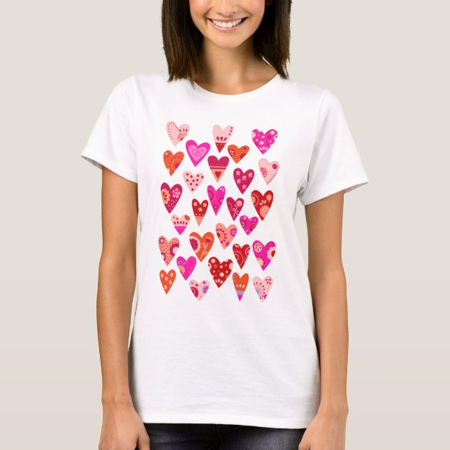 Heart Mönster Red Rosa T Shirt (Framsida)
