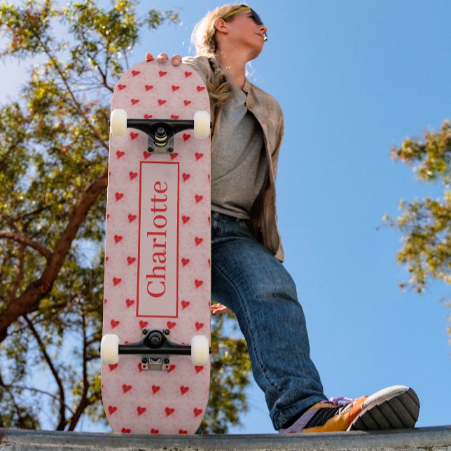 Heart Mönster Redand Rosa Anpassningsbar  Mini Skateboard Bräda 18,5 Cm (Pretty Heart pattern Girls name red and pink skateboard )