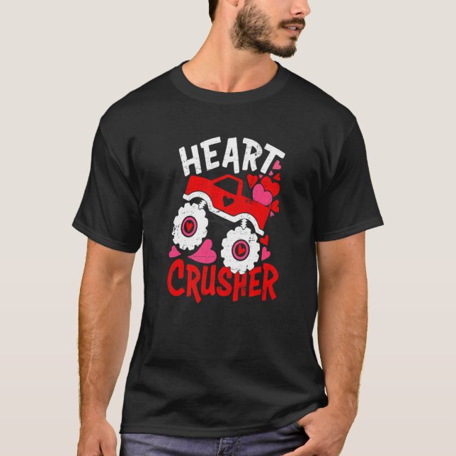 Heart Monster Truck Crusher Valentines Day Cute Bo T Shirt (Framsida)